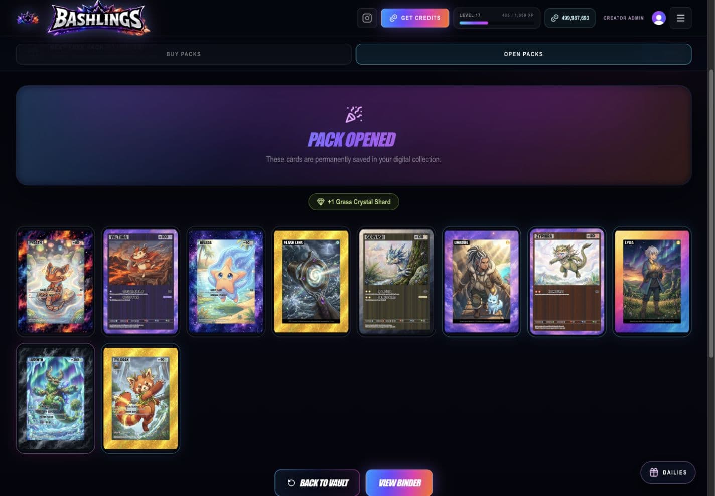 Ten Bashlings cards revealed from a Cosmic Clash pack, including a full-art rare and foil